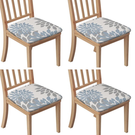 Blue and Gray Floral Pattern Seat Covers for Dining Room Chairs Set Of 4,Stretch Printed Washable Chair Seat Cover with Elastic Ties and Button,Removable Waterproof Couch Cushion Covers