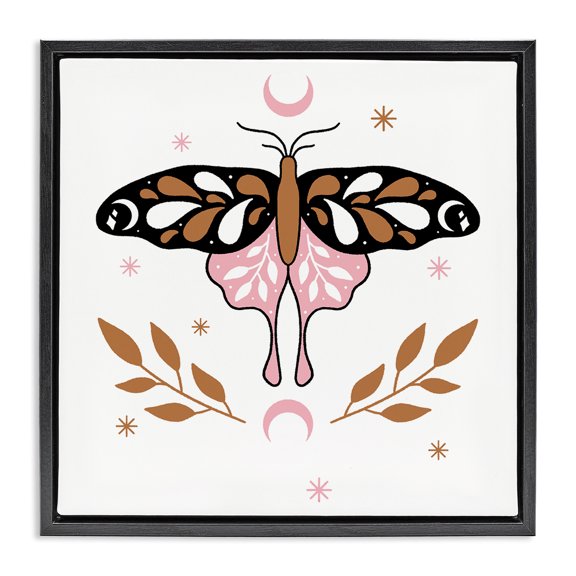 Stupell Industries Moth & Crescent Moons Animals Painting Black Floater Framed Canvas Art Print Wall Art, 18 x 18