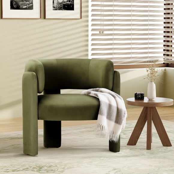 MALOL Modern Velvet Accent Chair, Upholstered Barrel Side Chair, Comfy Round Upholstered Arm Chair with 3 Legs for Living Room, Bedroom, Reading, Green