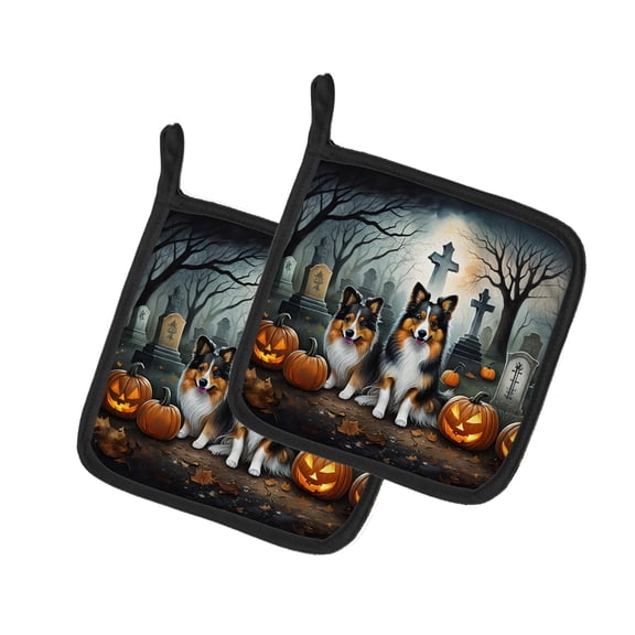 Sheltie Spooky Halloween Pair of Pot Holders 7.5 in x 7.5 in