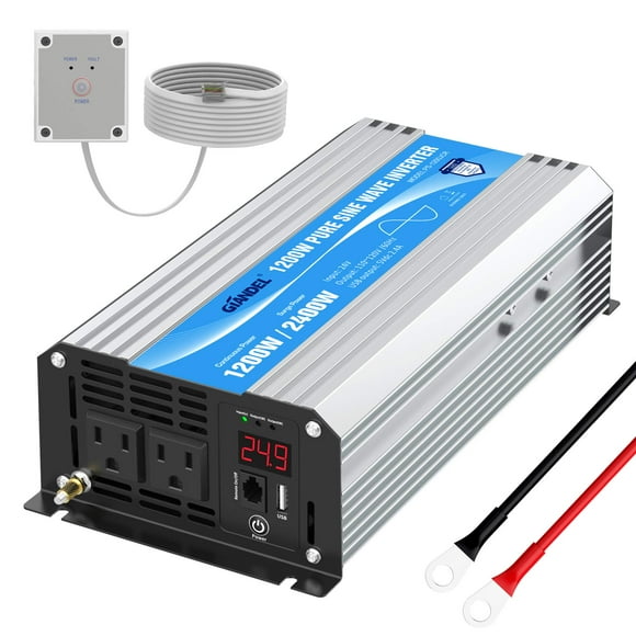 24V Pure Sine Wave Power Inverter 1200W DC 24V to AC 120V with Remote Controller and LED Display 2.4A USB Port Dual AC Outlets for RV Car Emergency