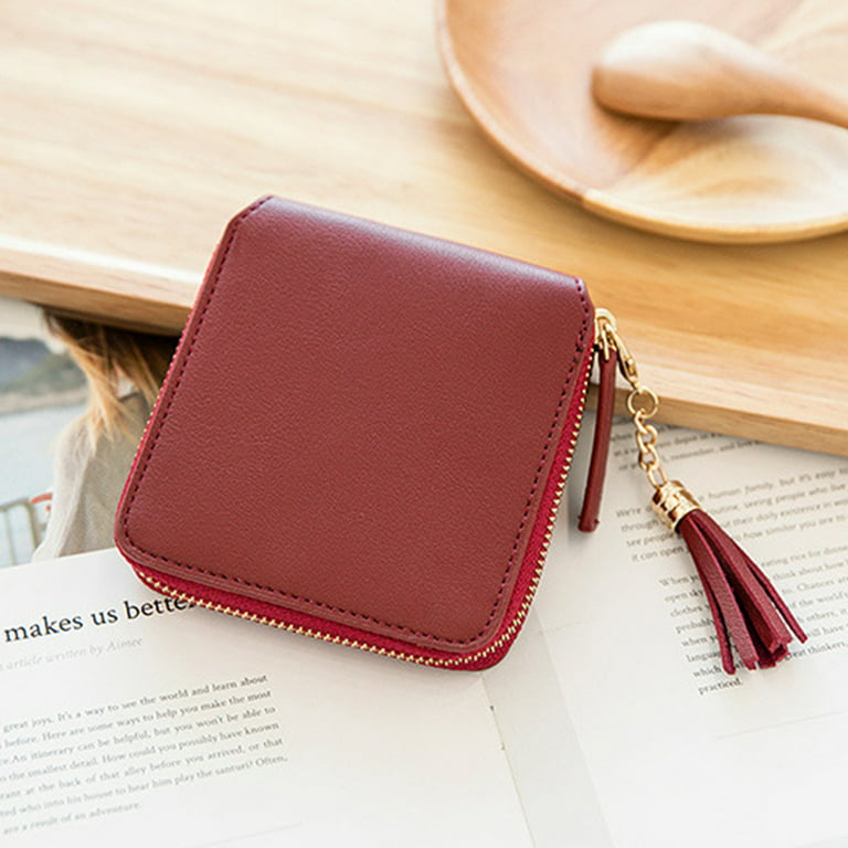 Yuanbang Simple Square Women Wallet Short Zipper Small Wallet Tassel Coin Purse Card Holder,Red, Adult Unisex