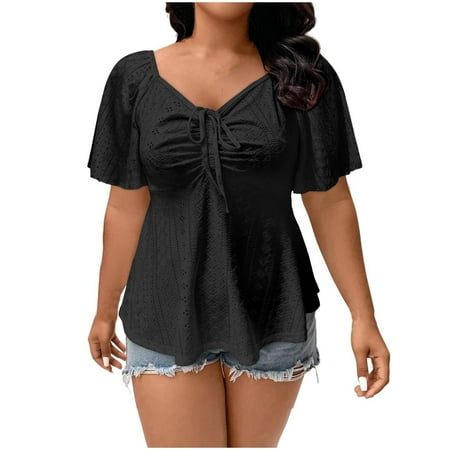 ZyeKqe Plus Size Eyelet Tops for Women Short Sleeve Shirts Lace up V Neck Pleated Tunic Top Babydoll Blouses