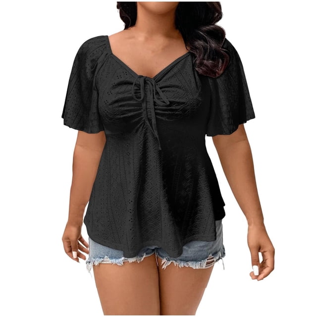 Camisas de Manga Corta para las Mujeres Casual, Cuello en V Color Sólido, Blusas Plisadas Moda Camisa de Verano