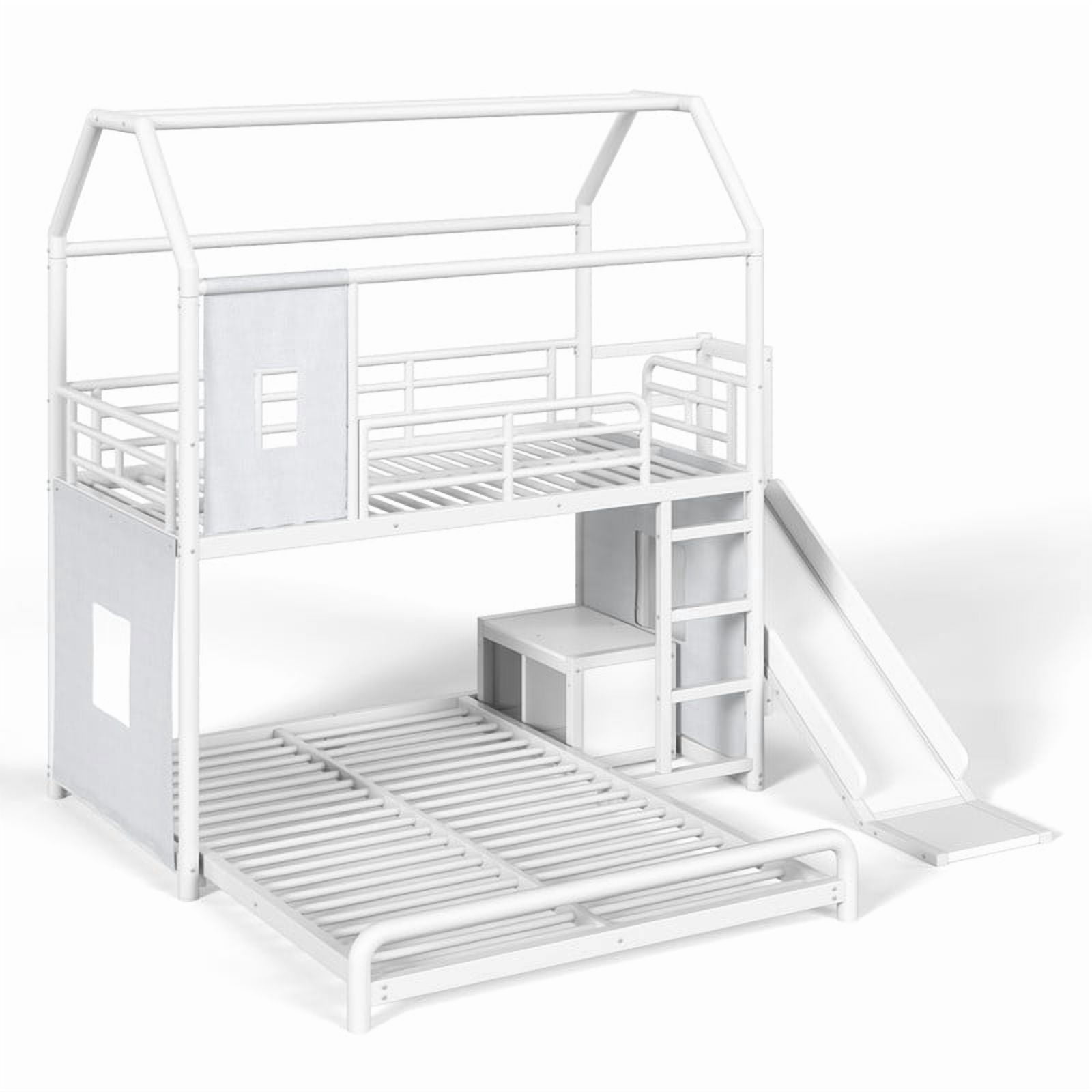Twin over Full Metal Bunk Bed with Slide, Ladder, LED Light Strip, Privacy Curtain, Movable Storage Cabinet & Hanging Rod, House Shaped Kids Bunk Bed