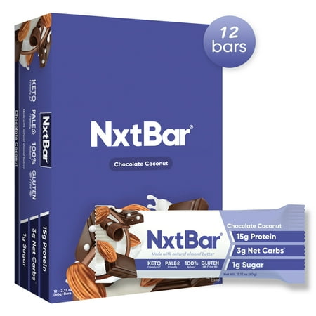 NxtBar Keto Bars Low Sugar Low Carb - Healthy Paleo Snack - Keto Diet Snack Bars for Adults - 1g Sugar, 1g Net Carbs, 15g Protein, Chocolate Coconut Flavor - 12 (Best Tasting Protein Bars Uk)