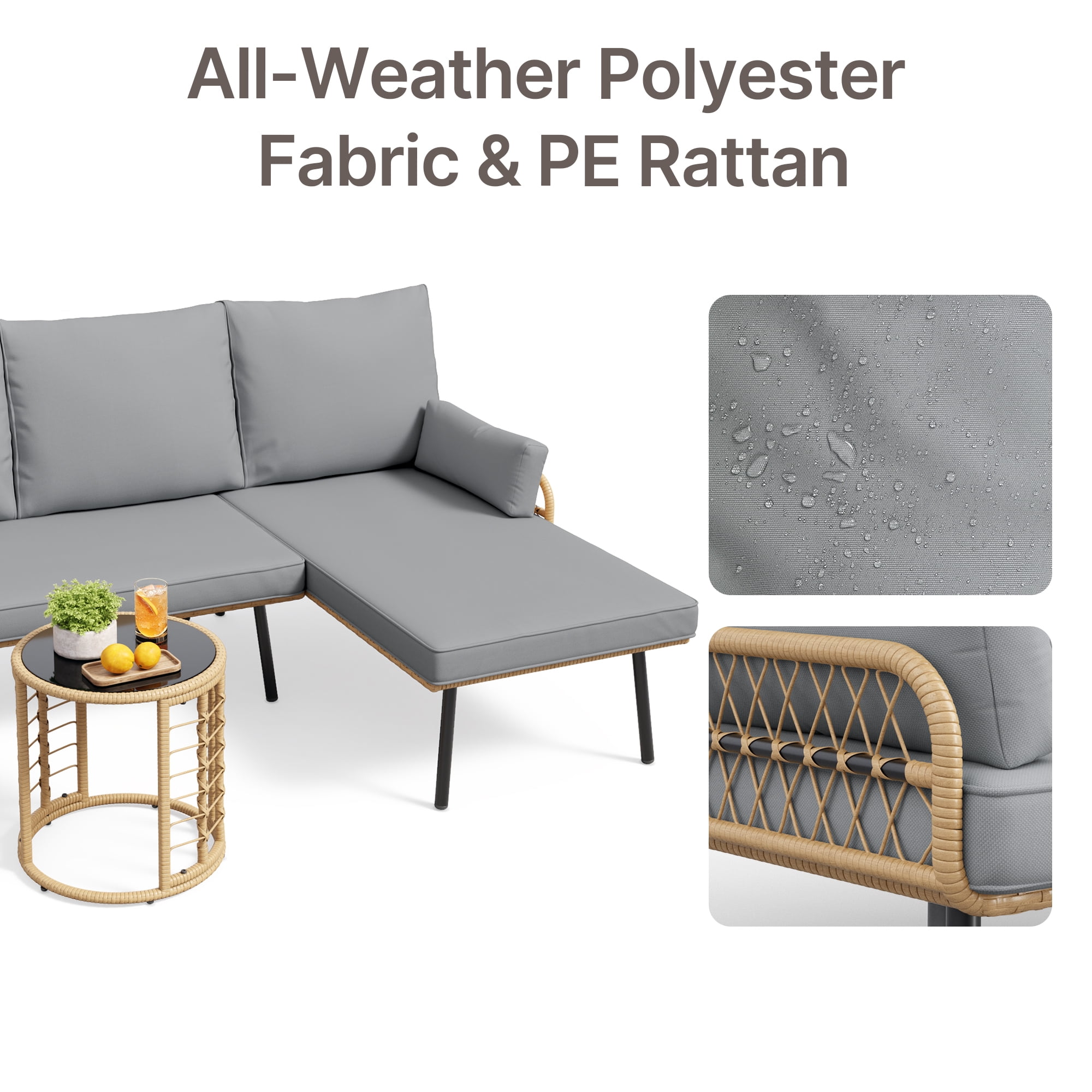 3-Piece Outdoor L-Shaped PE Wicker Conversation Set, All-Weather Waterproof Patio Furniture with Thick Cushions & Tempered Glass Coffee Table- Grey