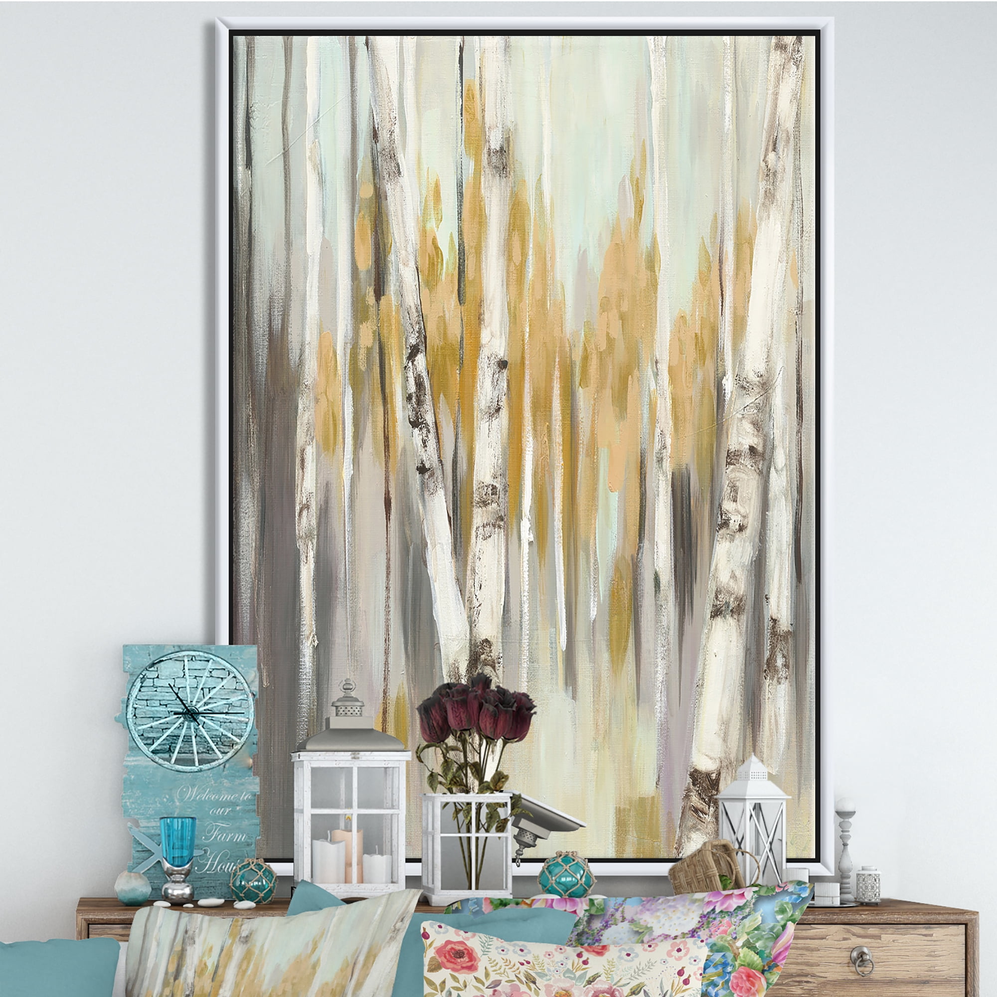 Designart ' Silver and Yellow Birch Forest ' Cottage Framed Canvas