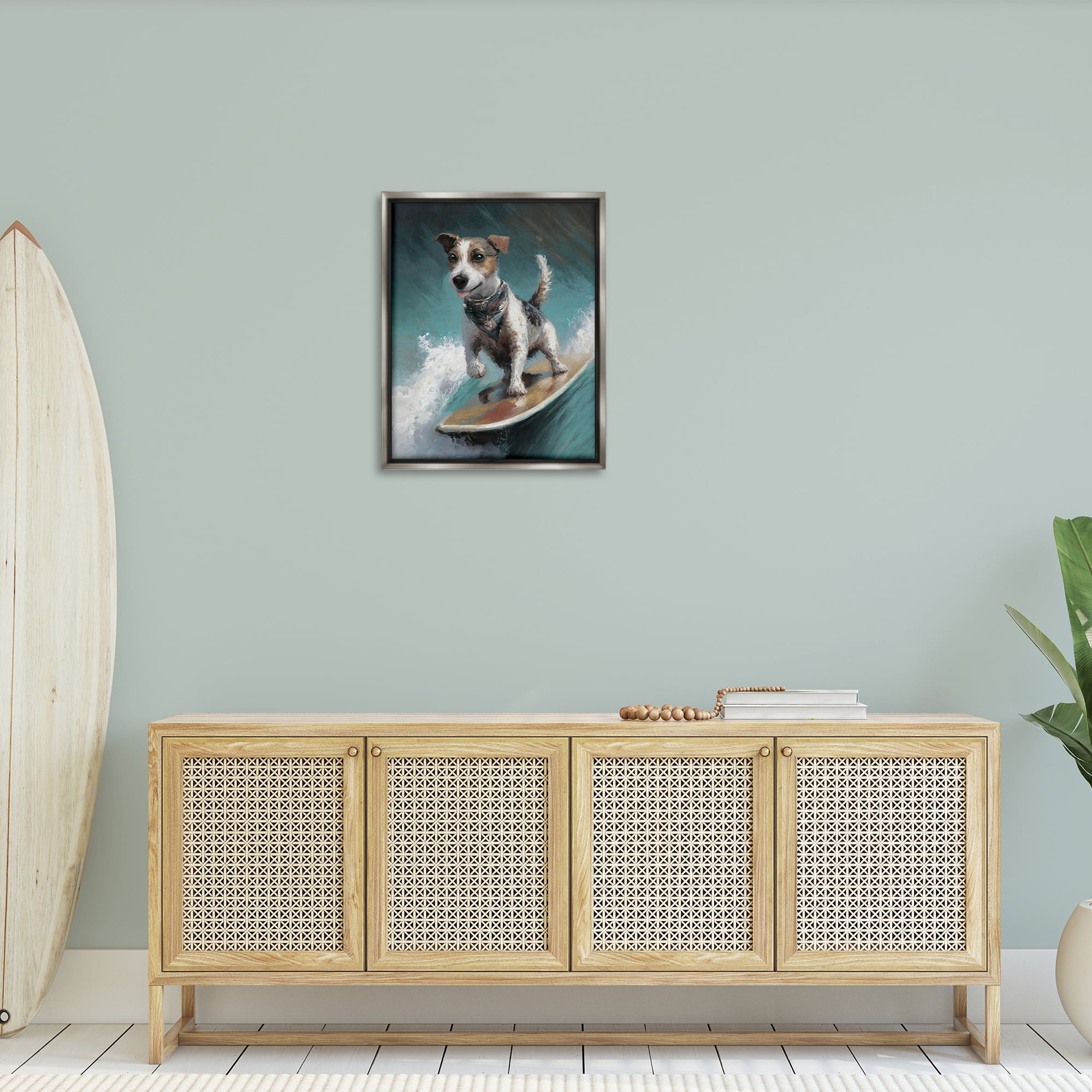 Stupell Industries Beachy Surfer Dog Animals Painting Gray Floater Framed Canvas Art Print Wall Art, 25 x 31