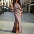 thumbnail image 4 of Womens Satin Formal Maxi Dress Batwing Sleeve Ruched Waist Side Slit Evening Gown with Pockets, Elegant Wedding Guest Dress for Party Banquet Prom Taupe XL, 4 of 6