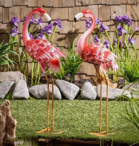 Evergreen Solar LED Flamingo Garden Statues, Handcrafted Metal