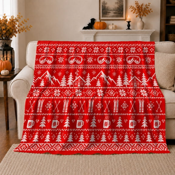 Nordic Ski Lodge Winter Mountains Cabins, Peaceful Mountain Lake Scene, Warm Flannel Blanket for Cabin and Lodge, Outdoor Lovers Camping Gift, Rustic Home Decor