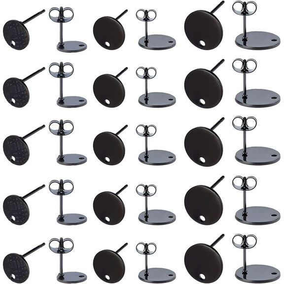 24pcs 3 Sizes Stainless Steel Stud Earring Flat Round Earrings Posts Black Ear Stud with Loop and Ear Nuts Metal Earrings Stud