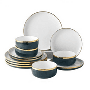 Porcelain Dinnerware Sets, 12 Piece Luxury China Plates and Bowls Sets, Green Dishes Set Gold Rim for Wedding Anniversary Birthday, Modern Dinner Plates Set