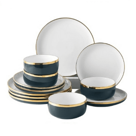 Porcelain Dinnerware Sets, 12 Piece Luxury China Plates and Bowls Sets, Green Dishes Set Gold Rim for Wedding Anniversary Birthday, Modern Dinner Plates Set