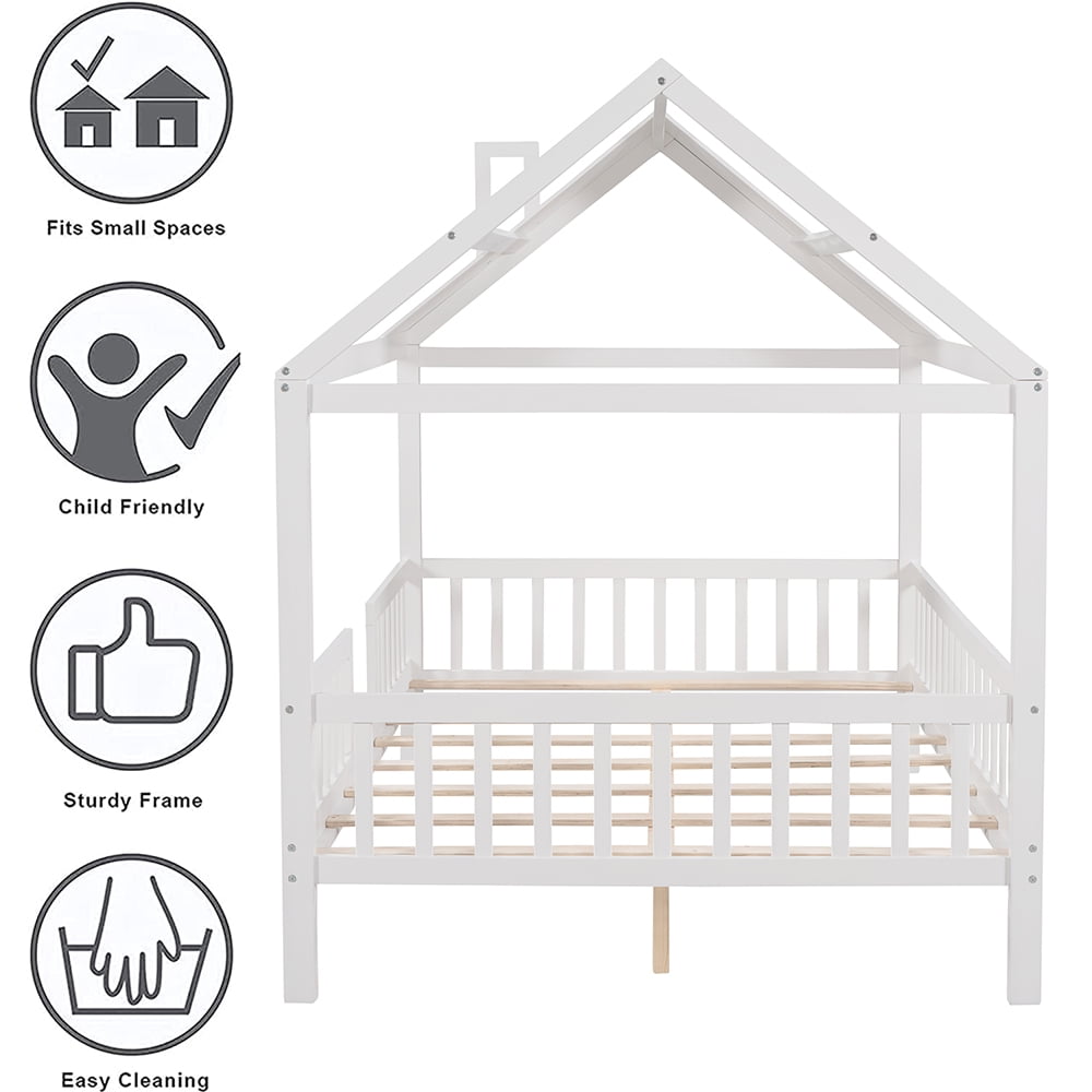 Bellemave Full House Bed, Full Size Wood Bed Frame with Roof and Fence, Montessori Beds Frame with Slats, No Box Spring Needed (White)