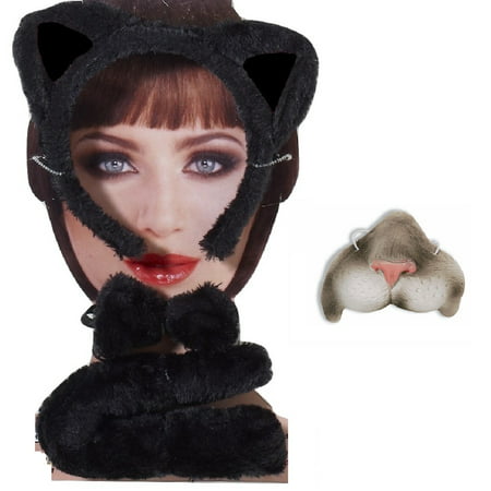 Black Gray Cat Kit Mini Nose Mask Ears Headband Tail Kitty Animal Costume Set