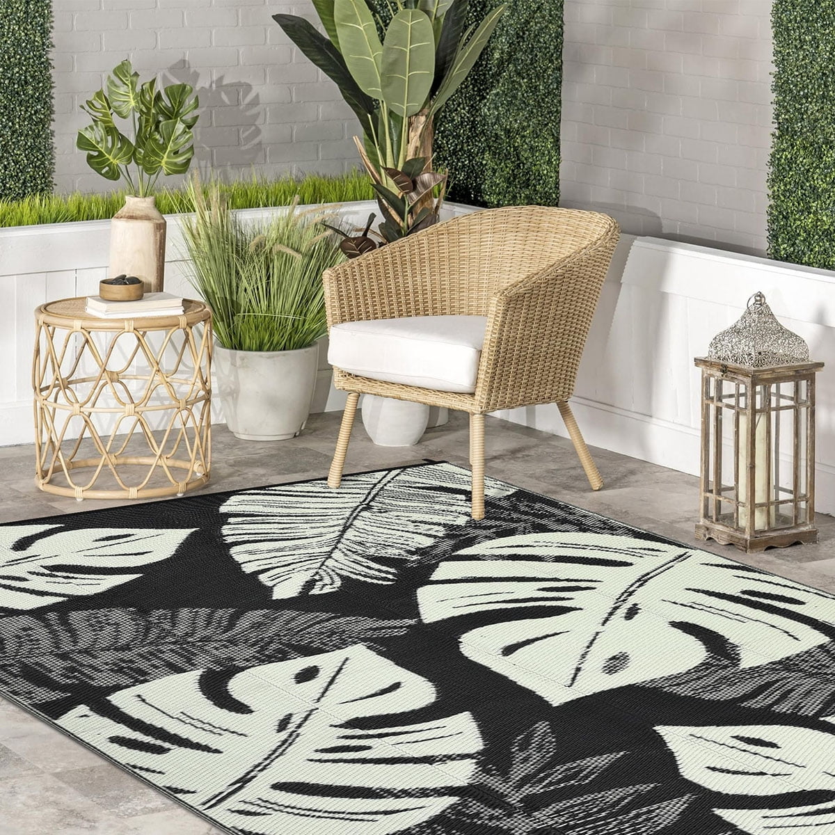 Ataucjin Large Outdoor Rug,8*12ft Waterproof Plastic Straw Rug, Modern Tropics Palm Leaves Camping Rug for Patio, Reversible Mat for Outside Patio RV Porch Deck Balcony