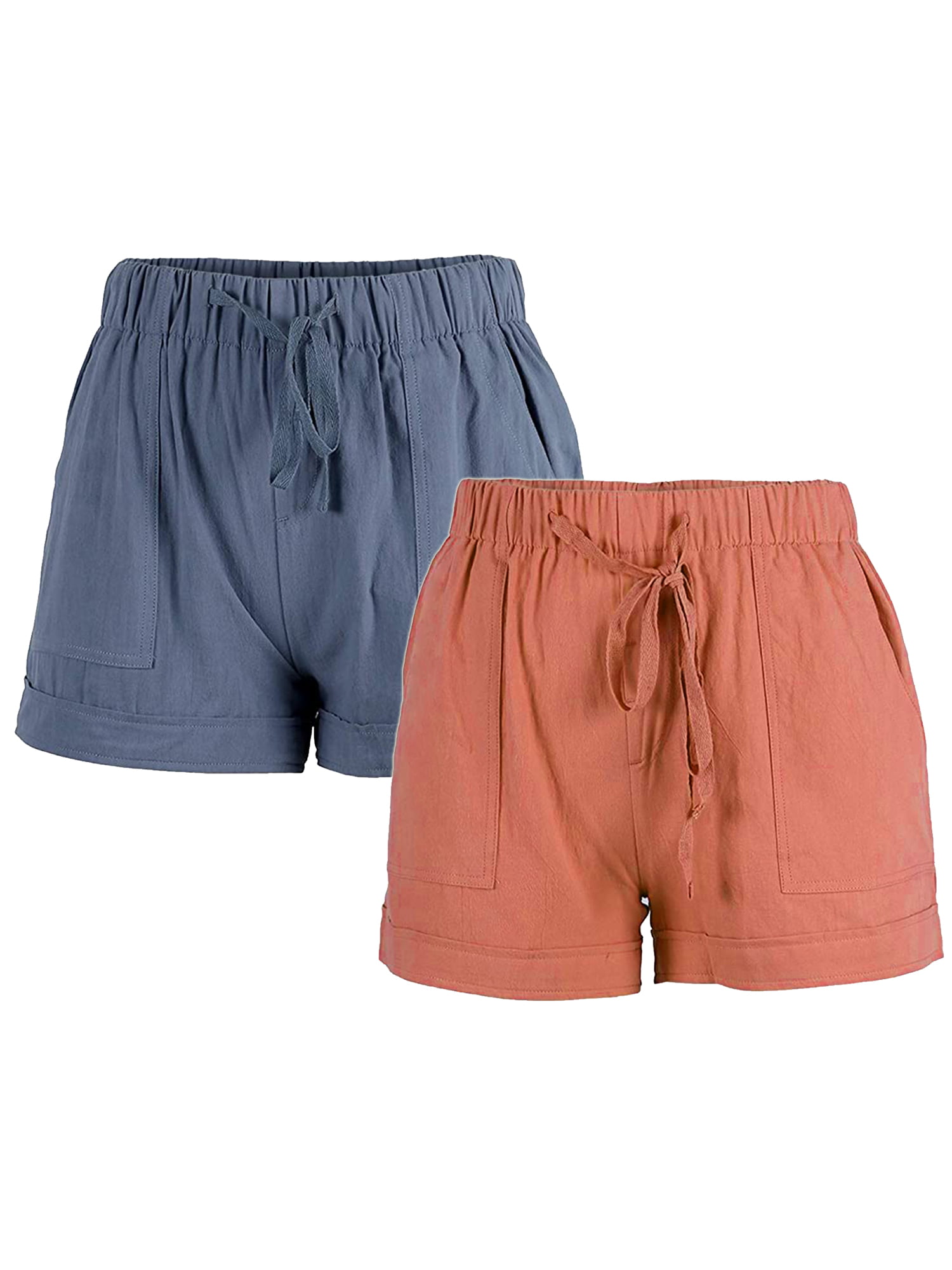 Womens Casual Drawstring Elastic Waist Comfy Cotton Beach Shorts with Pockets