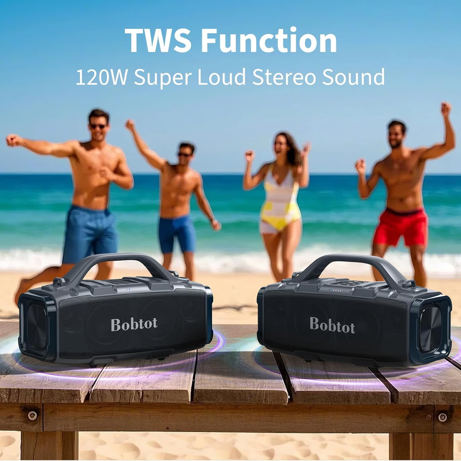 Bobtot Bluetooth Speaker with Deep Bass Basser,60 W Subwoofer,Built-in Mic 25H Playtime,IPX6 Waterproof Portable Wireless Speaker with Handle EQ Suitable for Outdoors, Camping,Beach