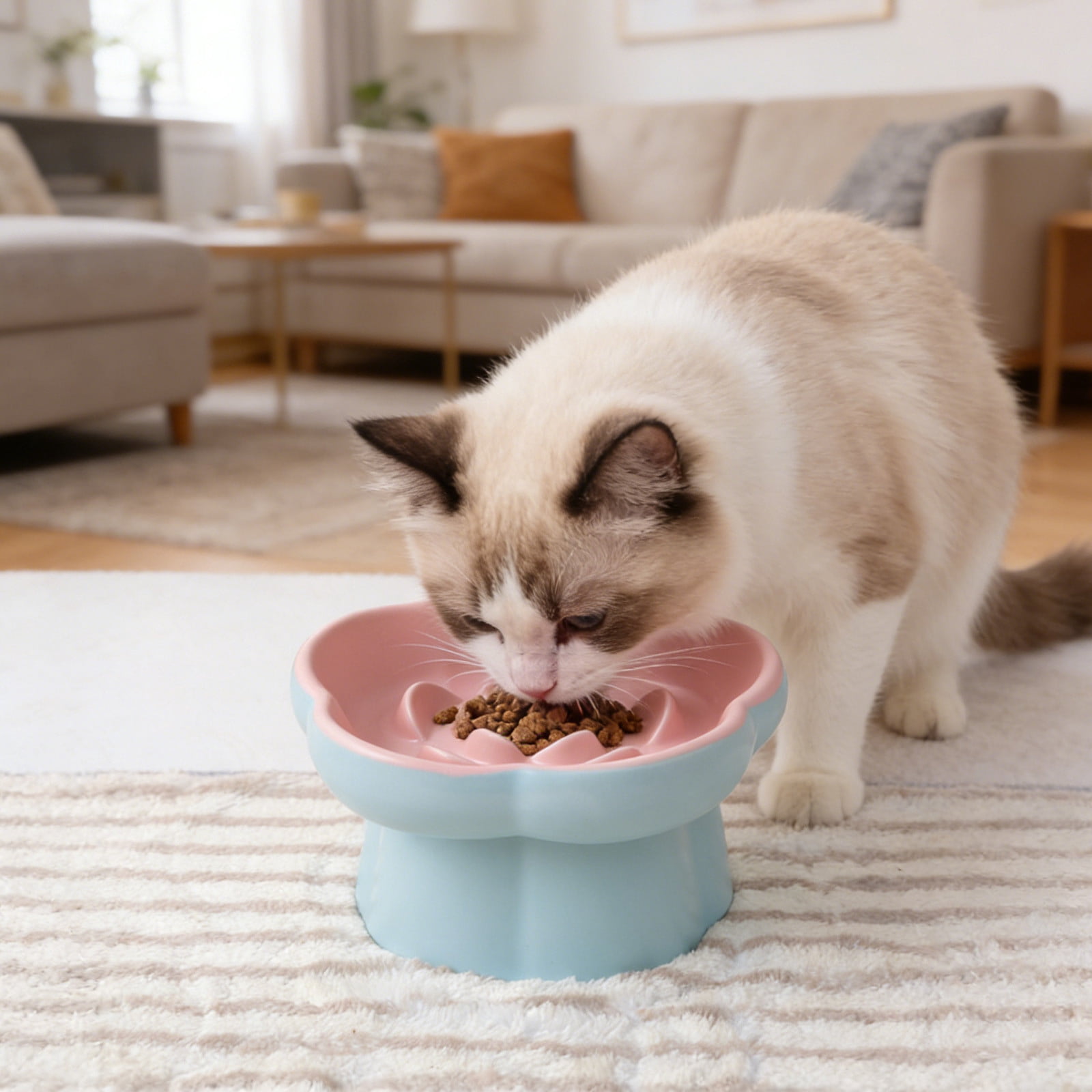 Ceramic Elevated Slow Cat Feeder, Raised Feeding Dish with Maze Design, Easy To Clean, for Indoor Cats and Small Dogs Blue