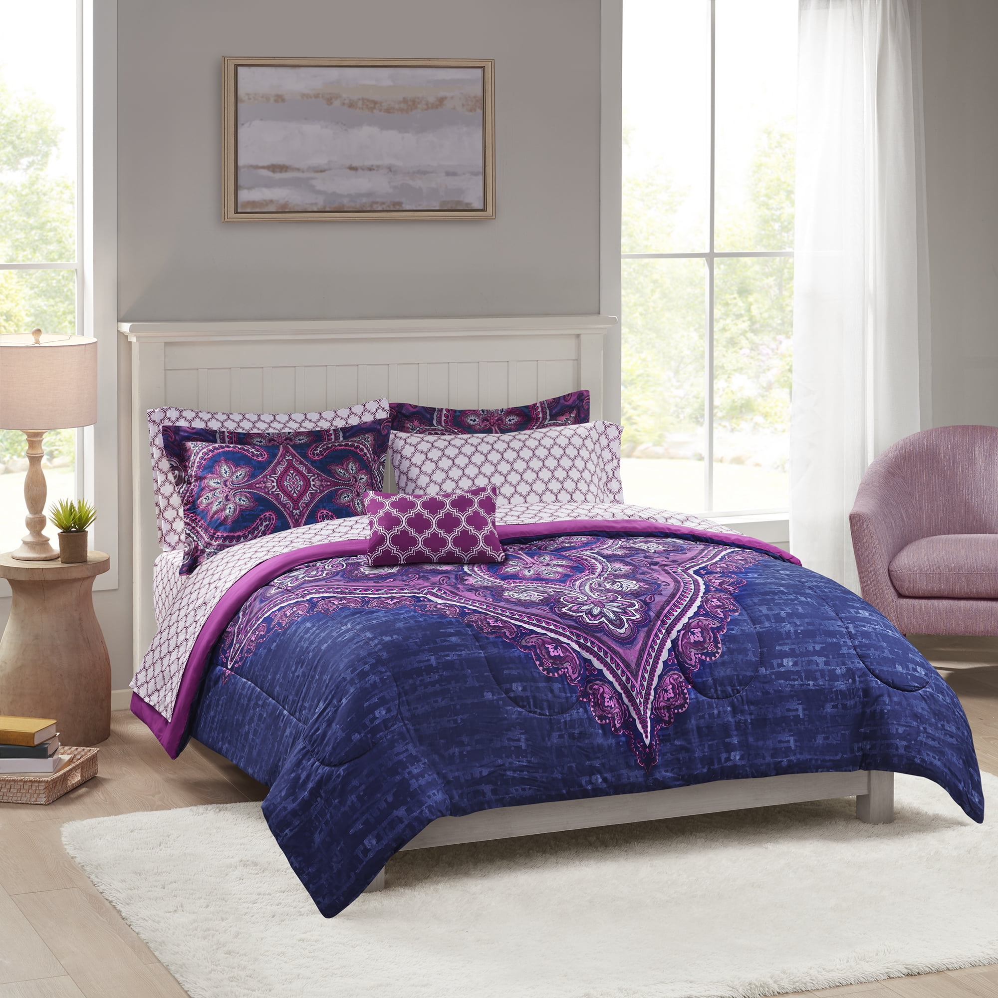 Mainstays Purple Medallion Bed In A Bag, Twin Xl Bed In A Bag Sets