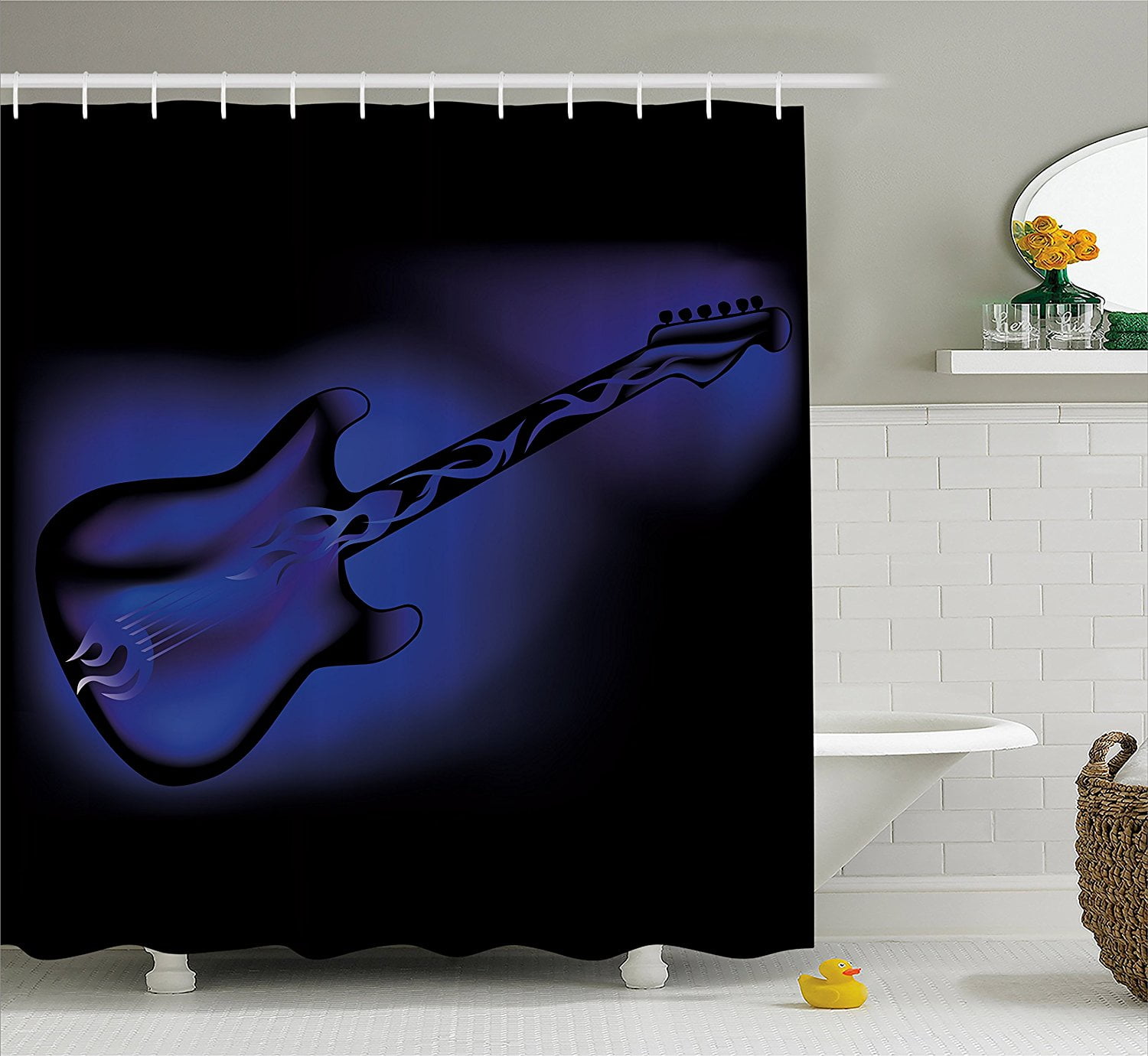 Pop Guitar Rock Music Theme Bathroom Waterproof Fabric Shower Curtain & 12 Hooks 