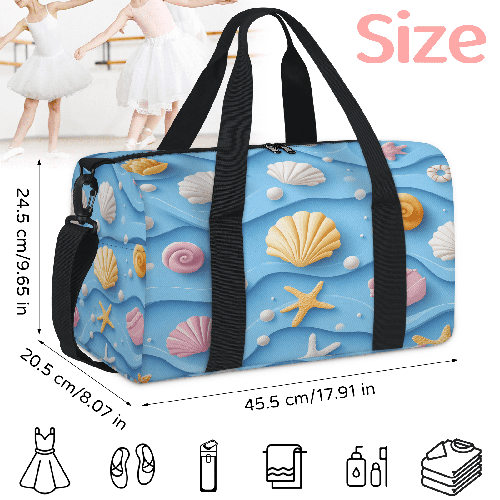 Herdesigns Seashell Starfish Gym Bag for Women, Duffle Bag for Travel Sport, Nautical Coastal Lightweight Waterproof Carry on Weekender Dance Yoga Workout Bags