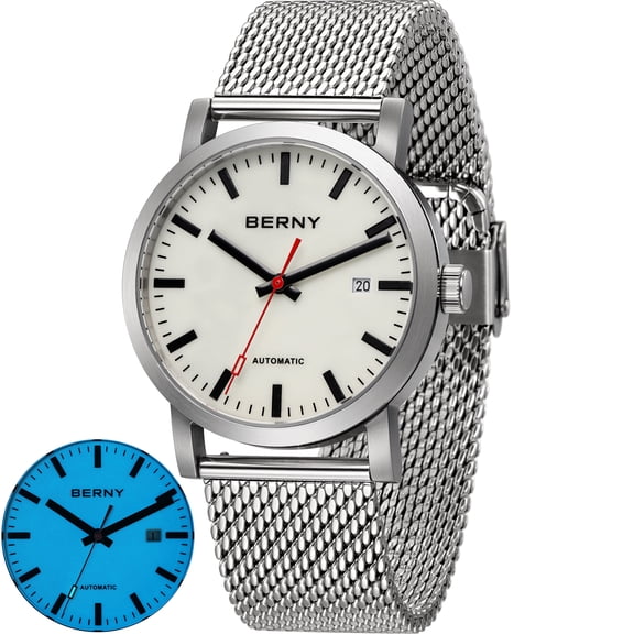 BERNY Automatic Watches for Men, Luxury Self Winding Mechanical Dress Watch with Date, Stainless Steel Mesh Band Sapphire Crystal Luminous 50M Waterproof, Minimalist Analog Men's Watches (Silver)