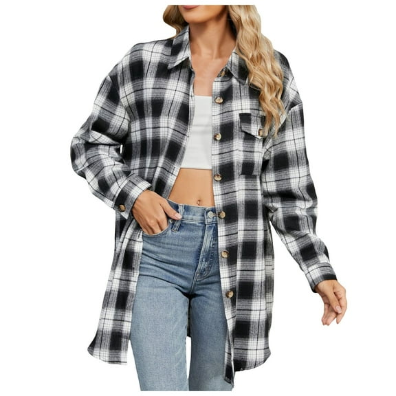 Womens Button Down Shirts Dressy Casual Plaid Print Long Sleeve Lapel Collar Tops Trendy Relaxed Fit Business Work Blouses with Pocket