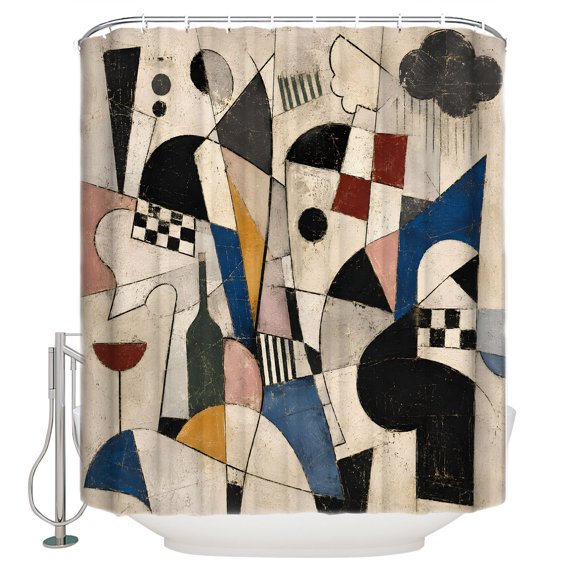 Abstract Lines Bathroom Shower Curtains with 12 Hooks Polyester Waterproof Shower Curtain for Stalls and Bathtubs Boho Vintage Clouds Geometric Color Block Decorative Bathroom Curtain 72x84 Inches