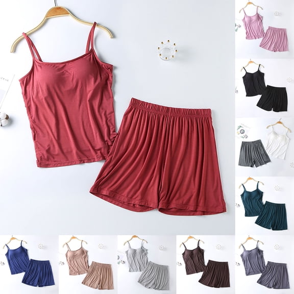 YHAJDS Pajama Set for Women 2 Piece Built In Bra Camisole and 5 Inch Shorts Loungewear