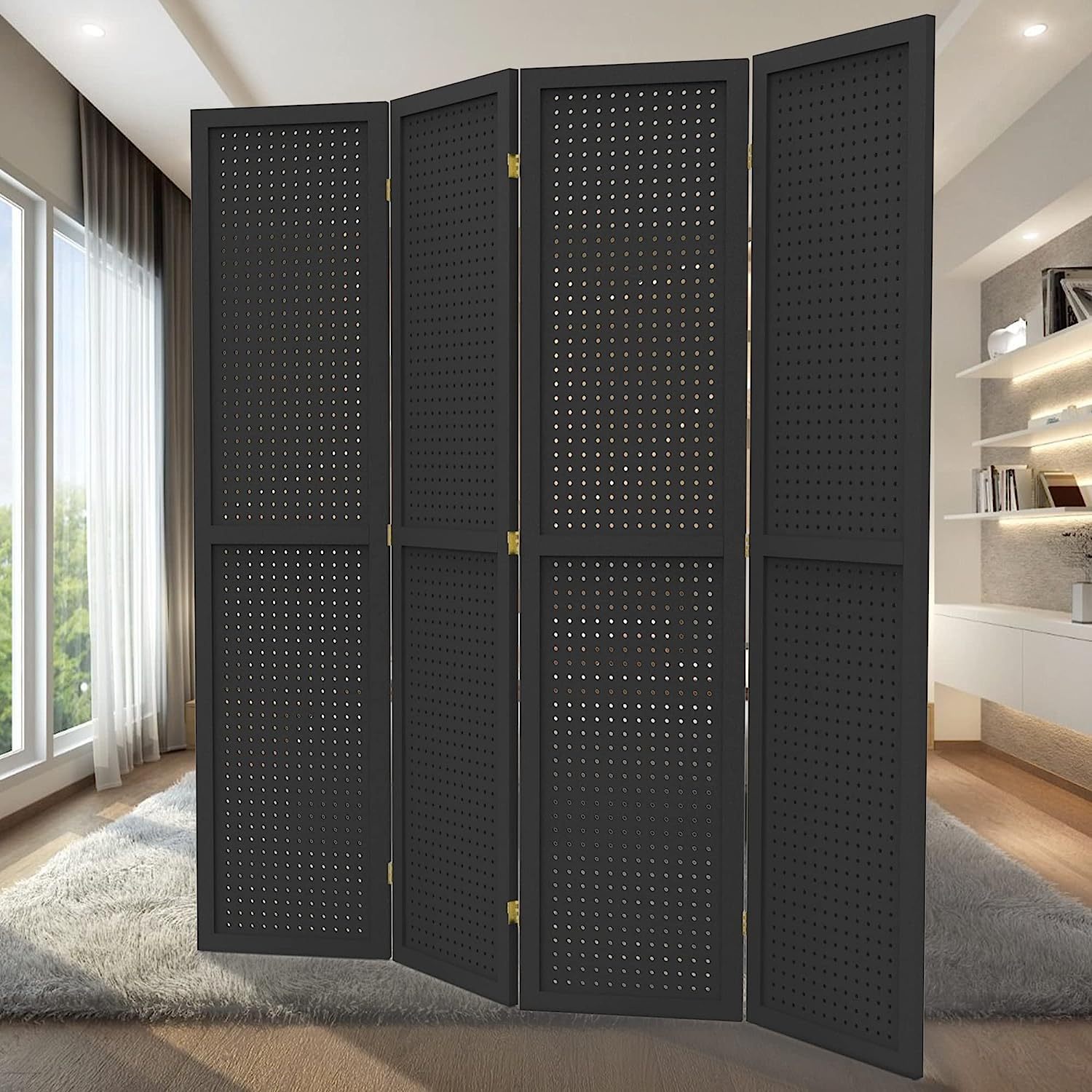 UlaREYoy 4 Panel Room Divider 5.6 FT Pegboard Display Folding Wood