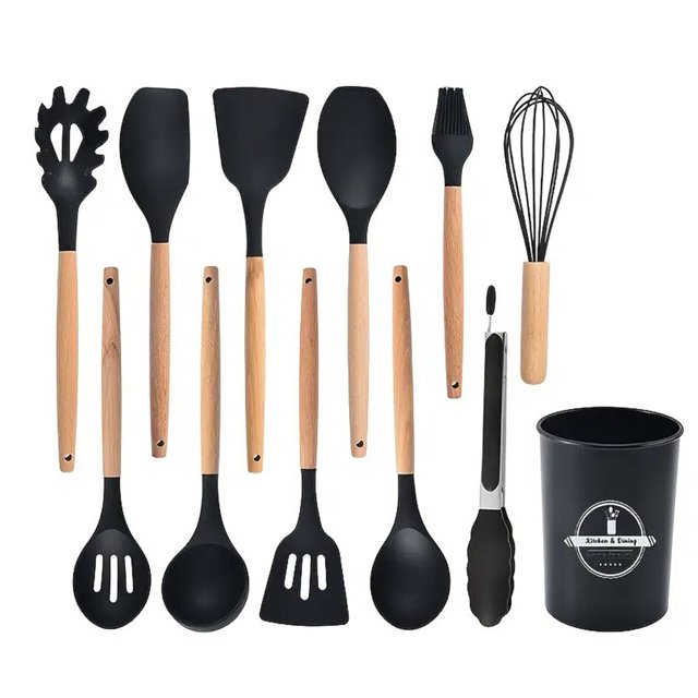 Kitchen Utensil Set - 12-Piece Silicone Cooking Utensil Set with Wooden Handles (Dishwasher Safe) Heat Resistant to 392°F, Nonstick Cookware, Best Kitchen