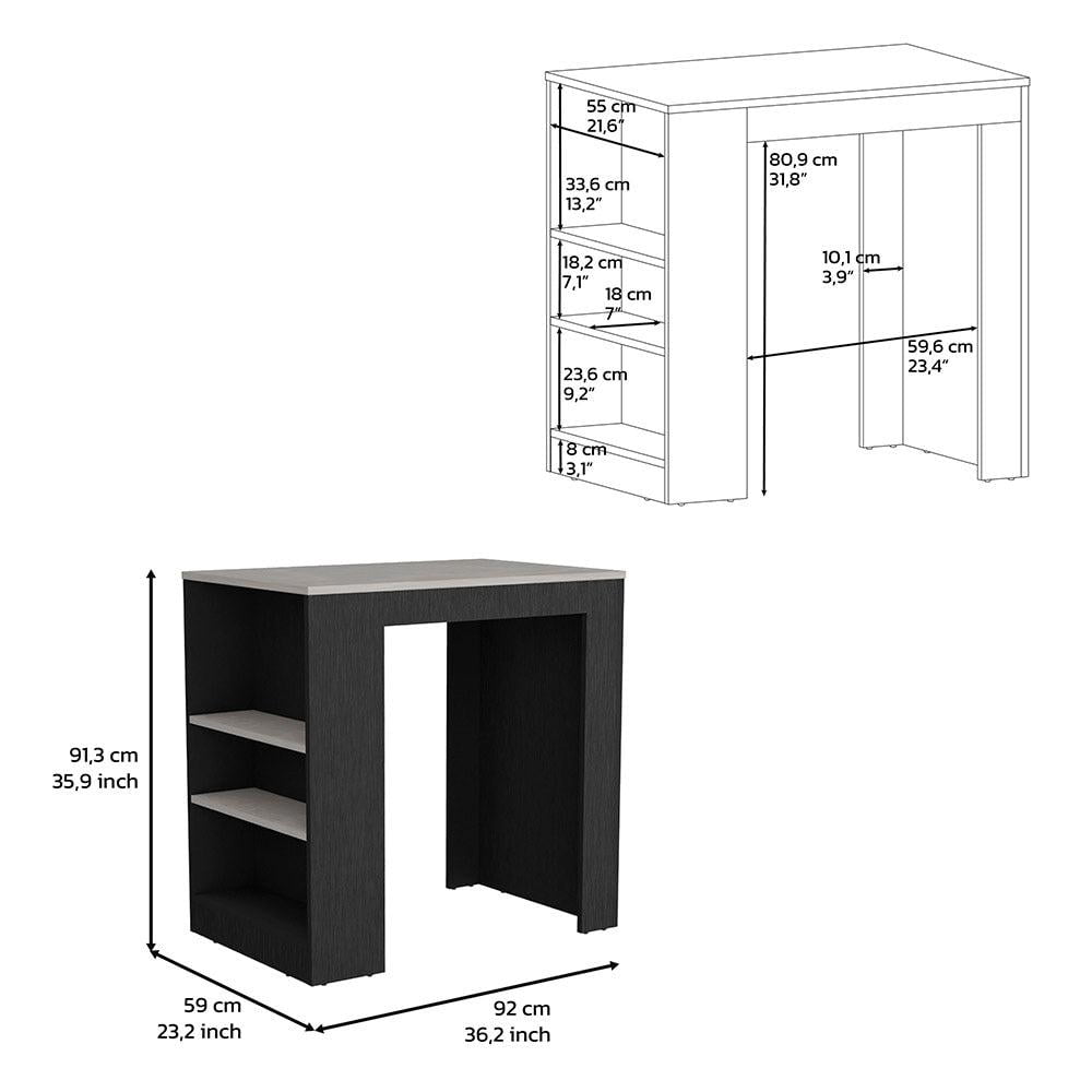 Depot E-Shop Kitchen Island, Kitchen Bar Table with 3-Side Shelves, Black / Ibiza Marble