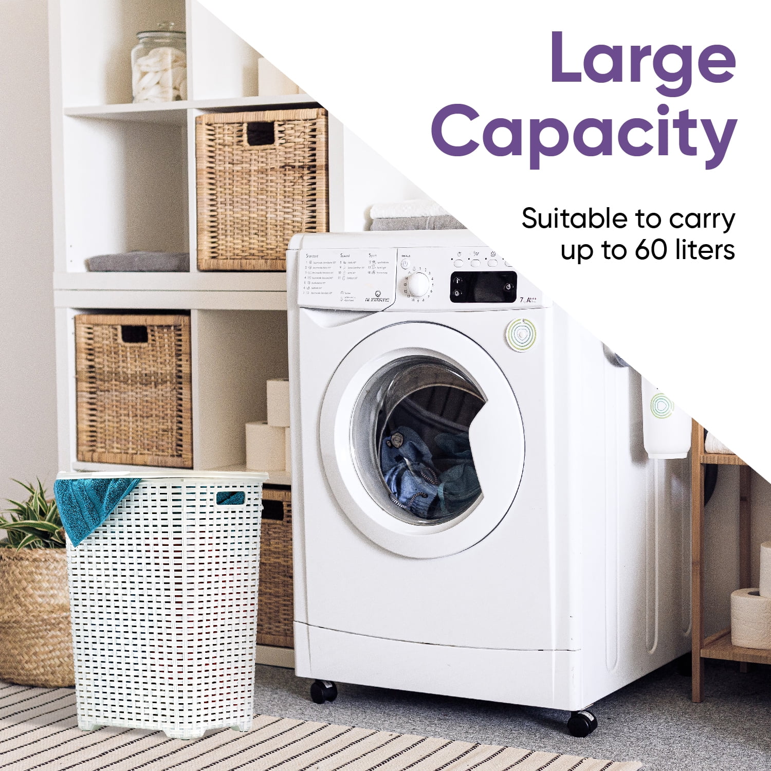 Laundry Basket, Laundry Hamper with Lid, Large 60-liter Wicker Style Hamper with Cutout Handle, to Storage Dirty Clothes in Washroom, Bathroom, Bedroom, or Dorm Room, White Color. By Superio