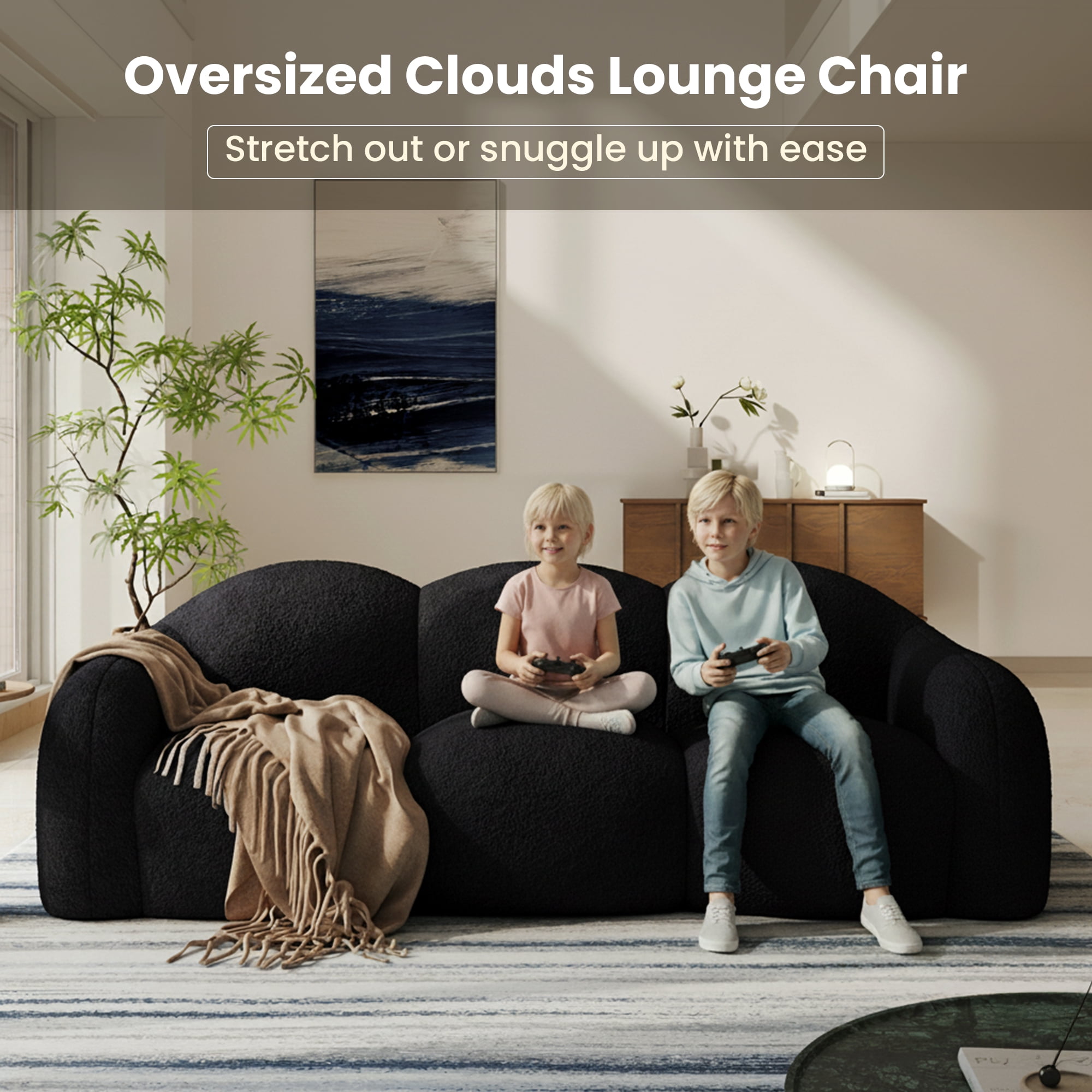 The Magic Home 90" Modern Cloud Couch for Living Room, Boucle LoveSeat 3 Seater Sofa, Plush Floor Sofa Couch for Bedroom, Apartment, Small Space (Black Couch, No Assembly Required)
