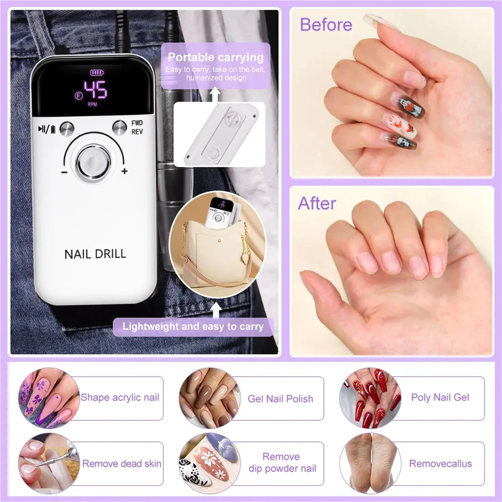 Nail Drill 45000 RPM Rechargeable Nails Electric File for Acrylic Gel Removing & Polishing Gel for Home/Salon Manicure Pedicure