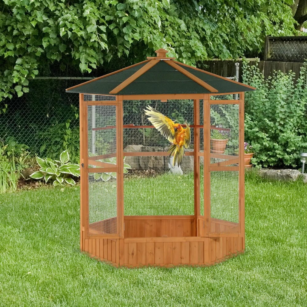 Barara King Bird Cage, Bird Habitat Small Animal Travel Cage,69" Wooden Hexagonal Outdoor Aviary Flight Bird Cage With Covered Roof, Brown