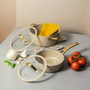 Thyme & Table 12-Piece Ceramic Non-Stick Signature Ribbed Cookware Set, Non-Toxic Pots and Pans Set - Taupe