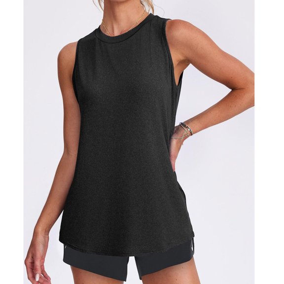Women's Summer Sleeveless Round Neck Tank Top Blouse Cami Solid Color Loose Fit Casual Top for Athletic Running Tennis Yoga Comfortable Daily Wear Fashion Essential | CSEONE,Black L
