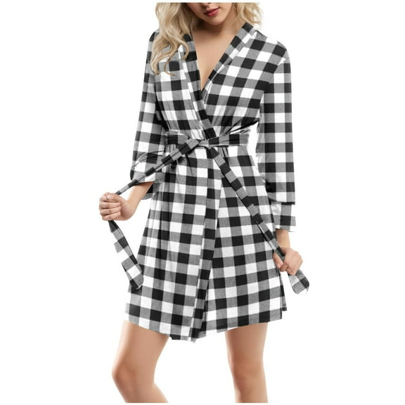 Caywon Women's Plaid Fabric Long Sleeve Nightgowns Homewear Pajama Robe Home Wear with Belt Classic Checkered Pattern and Adjustable