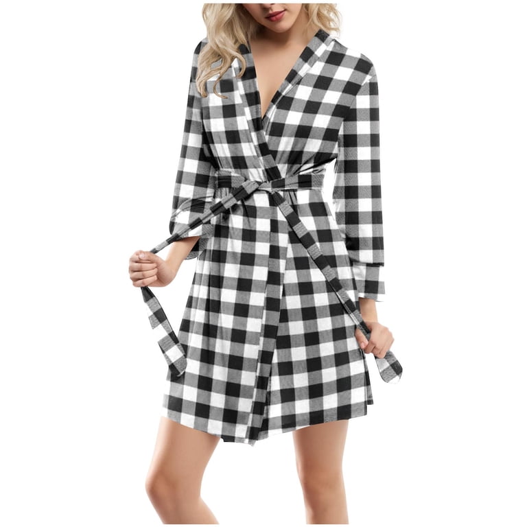 SYMOID Womens Black Buffalo Plaid Robe - Poly-Cotton Blend, Tie Waist Wrap  Style, Long Sleeve Knee-Length, Soft Breathable for Loungewear/Bridesmaid/Post-Shower,  S-XXL,Size S - Walmart.com