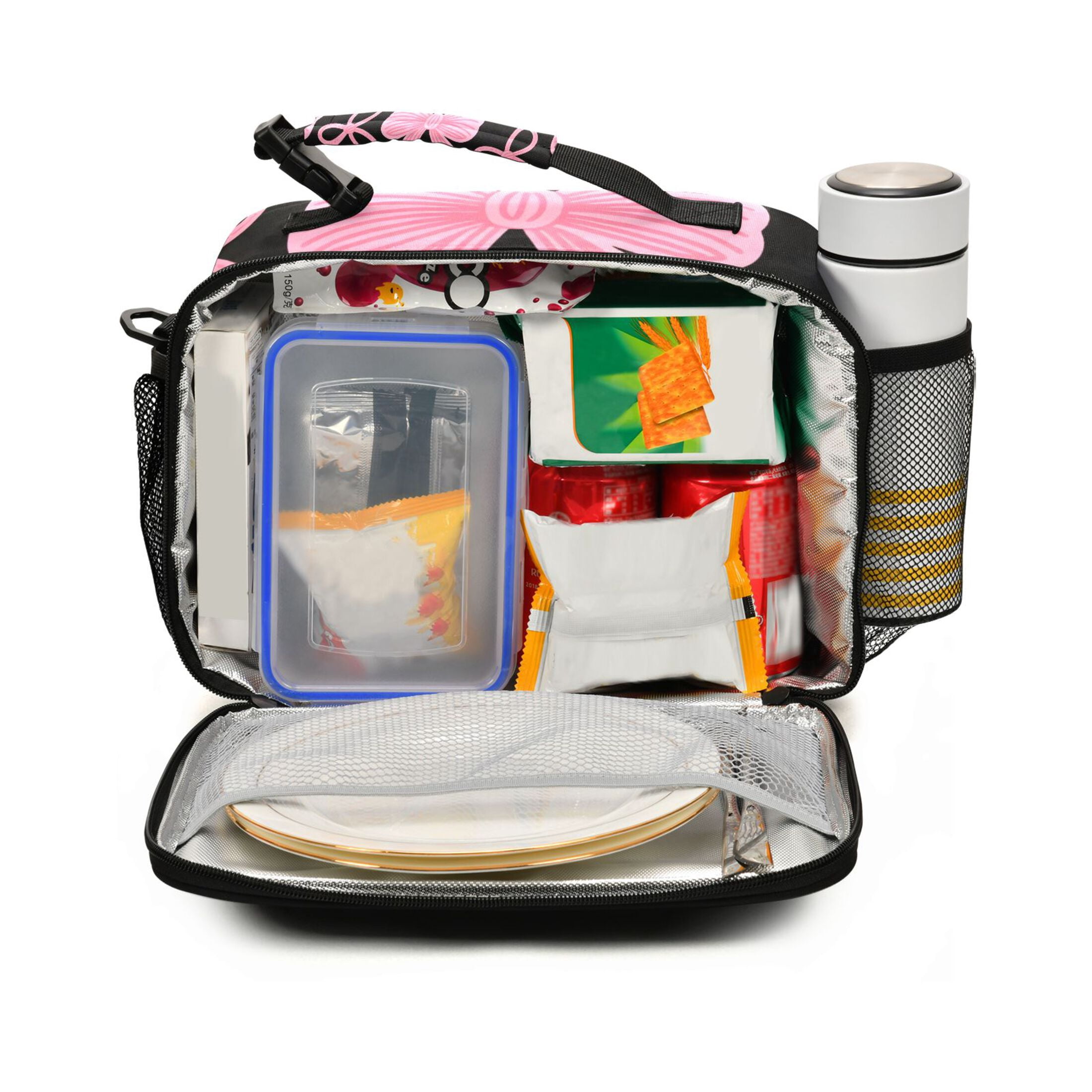 ALAZA Pink Bows Lunch Box Insulated Cooler Bag Reusable Tote Bags Shoulder Strap