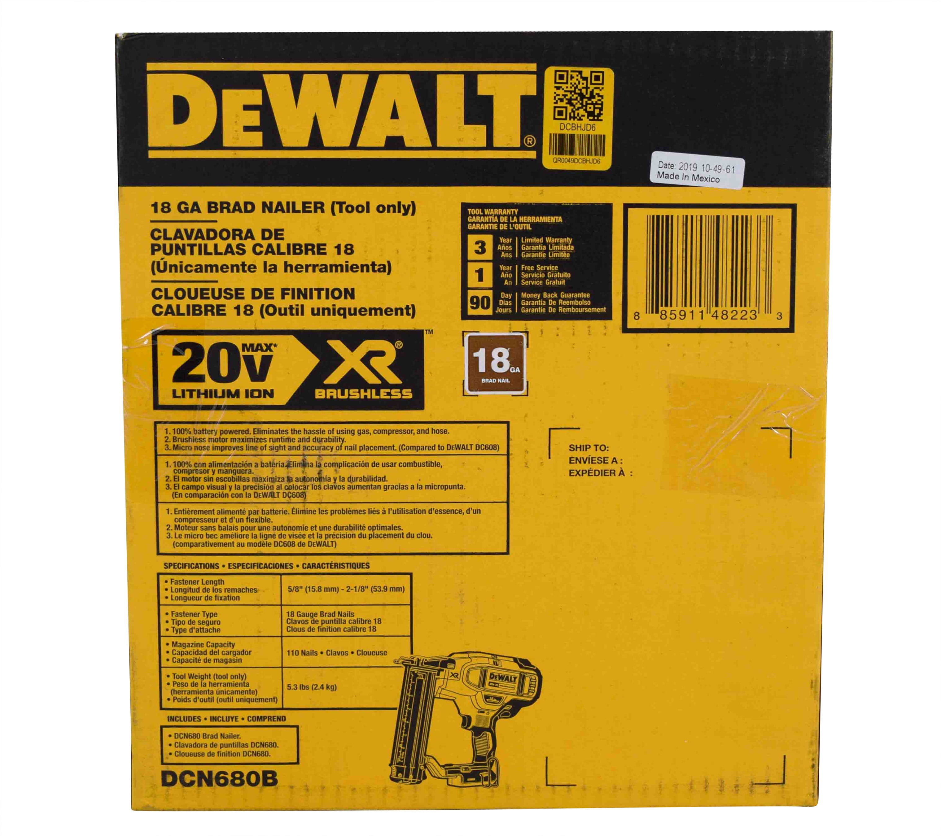 DEWALT DCN680B 20V MAX 18-Gauge Cordless Brad Nailer – Brushless Motor, Tool-Free Adjustments (Bare Tool)
