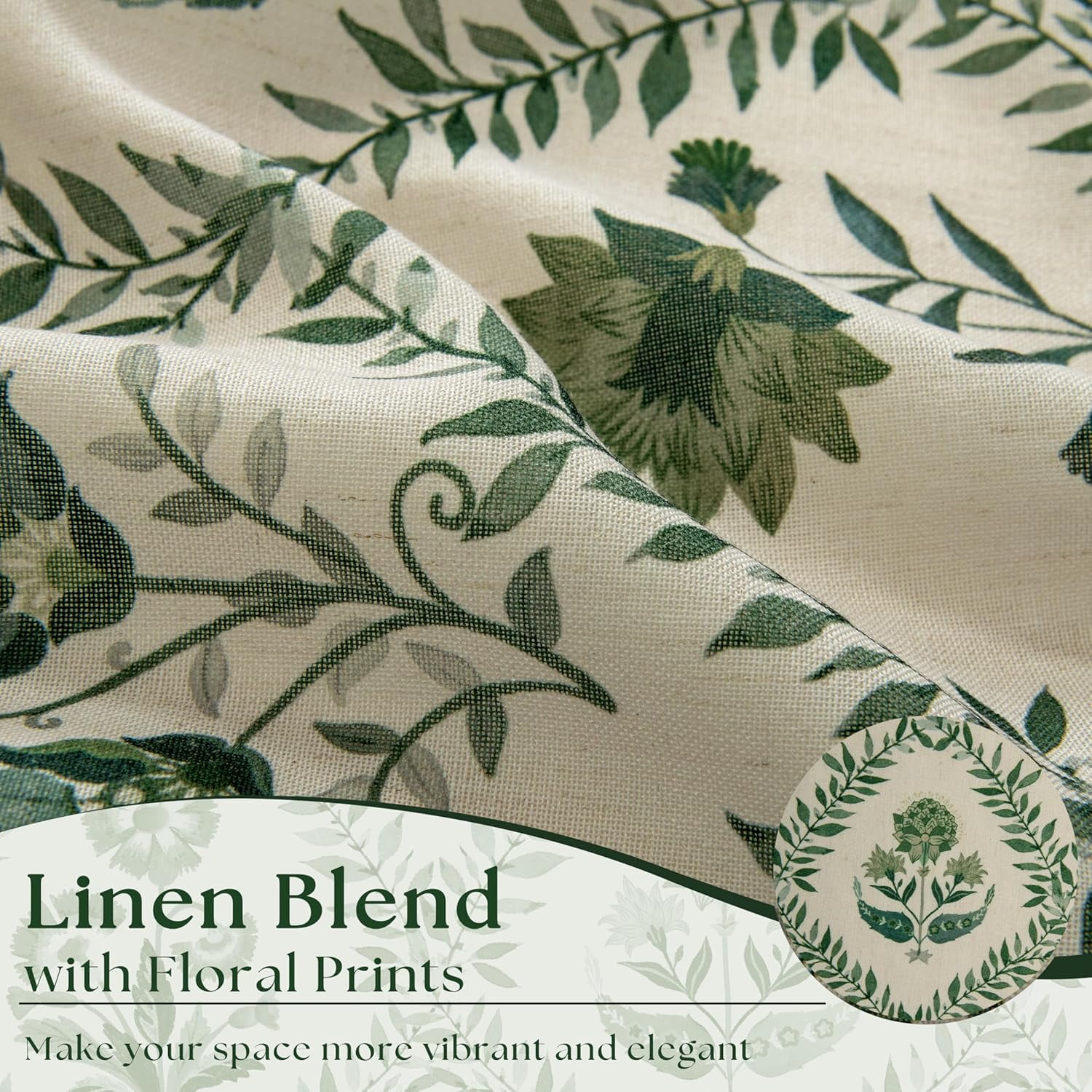 Green Floral Linen Spring Curtains for Living Dining Room Olive Plant Flower Patterned Printed Back Tab Semi Sheer Farmhouse French Country Drape