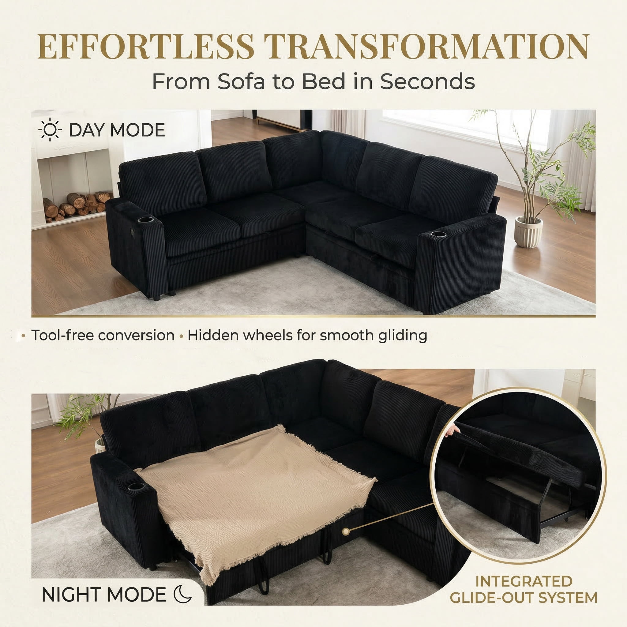 84" Modern Reversible Sectional Sleeper Sofa with Pull-Out Bed, Storage Chaise, USB Ports & Cup Holders