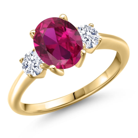 Gem Stone King 10K Yellow Gold Red Created Ruby and White Zirconia Engagement Ring for Women | 2.50 Cttw | Oval 9X7MM | Gemstone July Birthstone | Size 6
