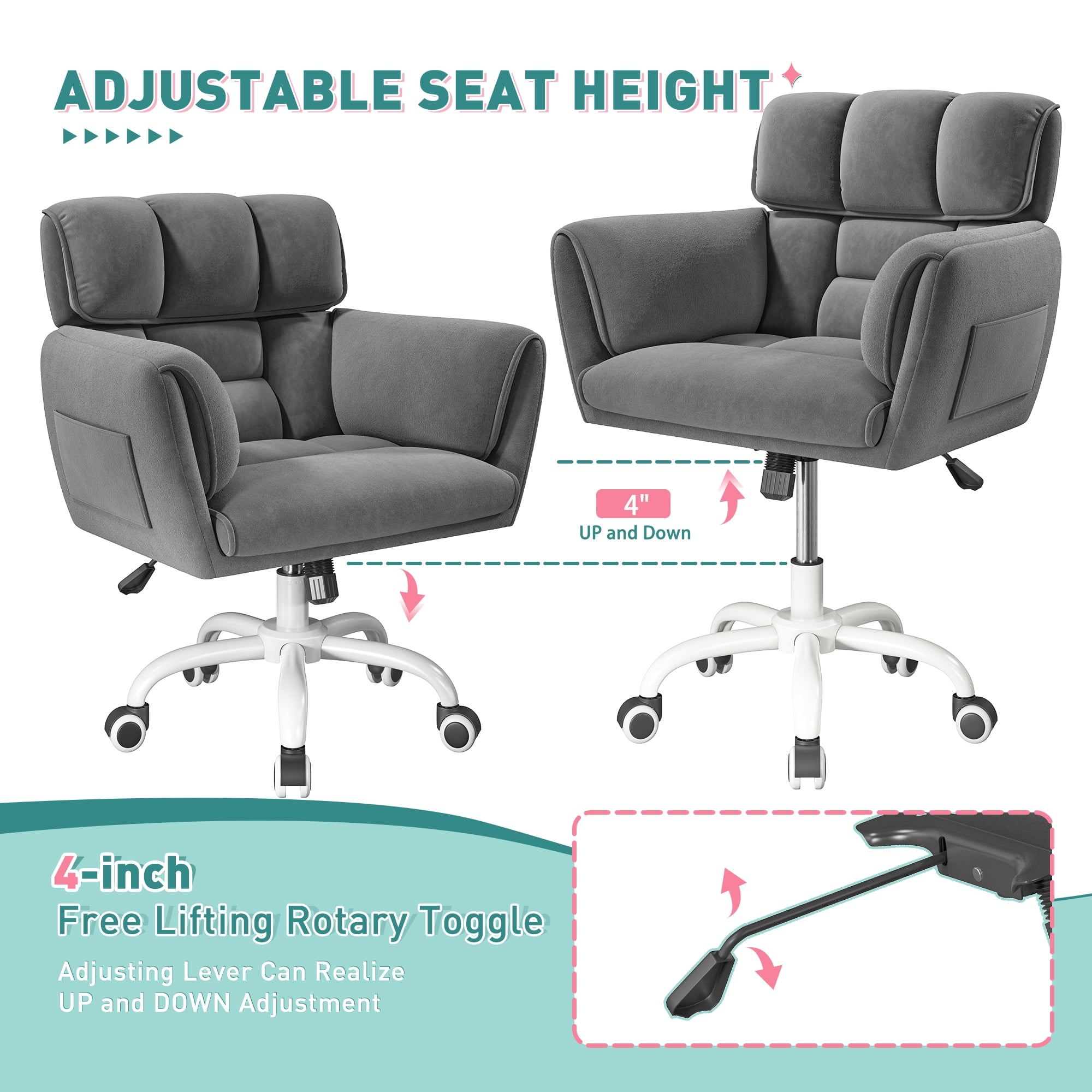 Romorgniz Adjustable Office Chair with Wheels, Soft-Touch Upholstered Desk Chair with Side Pockets, Ergonomic Vanity Chair for Bedroom, Home Office, Grey