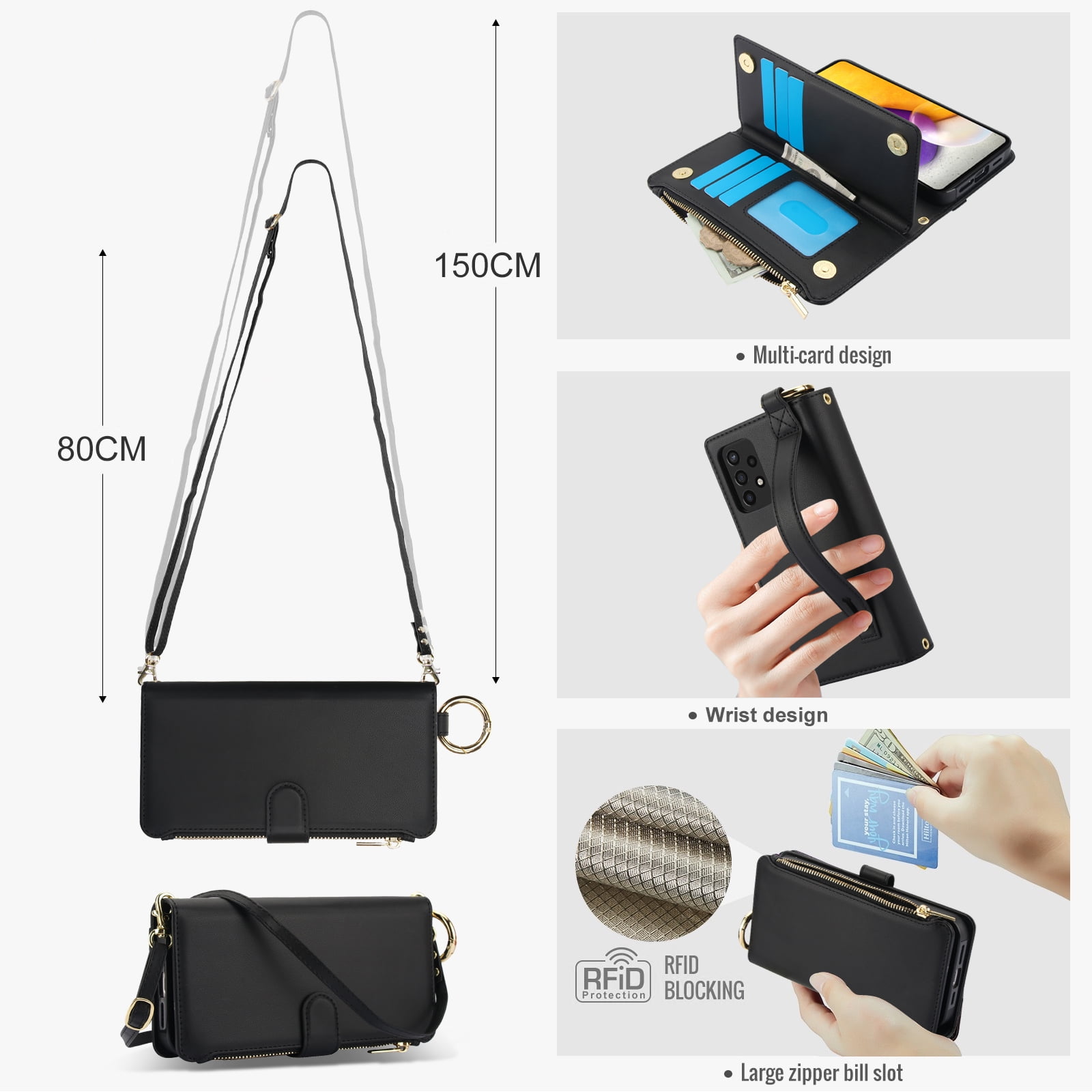 ELEHOLD For Samsung Galaxy A53 5G Phone Case Leather Crossbody Zipper Card Wallet Flip Case Kickstand Cover, with Ring Holder,Full Body Protection-Black